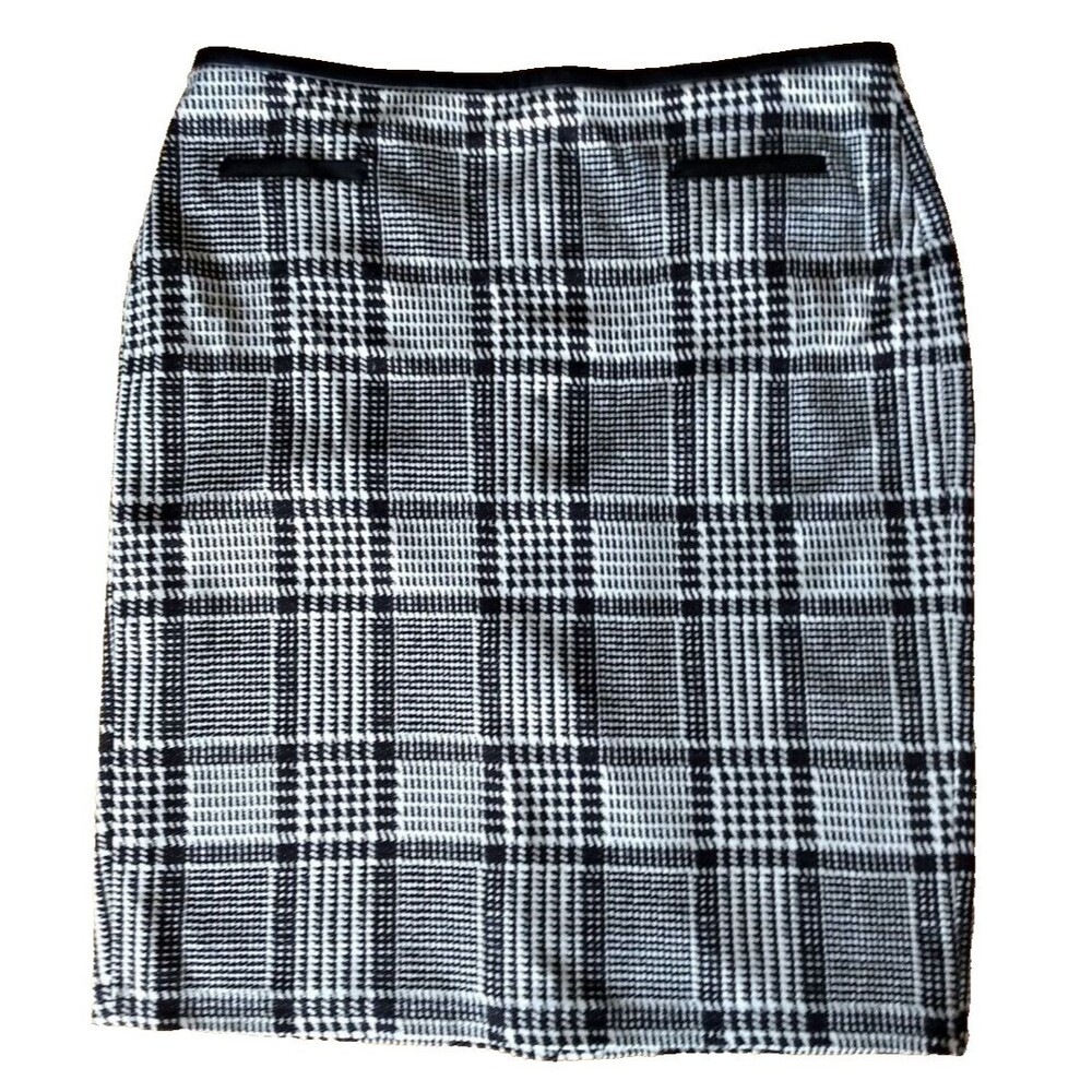 TALBOTS Pencil Skirt Black & White Houndstooth Faux Leather‎ Trim Women's 14